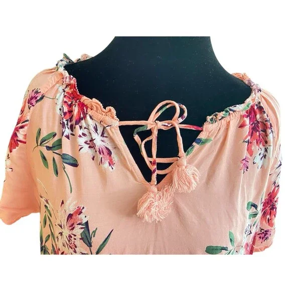 St. John’s Bay Peach Floral Tunic Top XL Rayon Tassel Tie Neck‎ Boho Style - Picture 4 of 11
